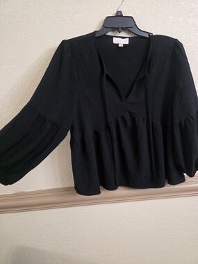 Charmed Hearts Black Peasant Blouse with Tie Neck